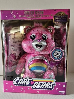 Care Bears Cheer Bear Pink Plush with Rainbow Belly and Silver Accents Light Up